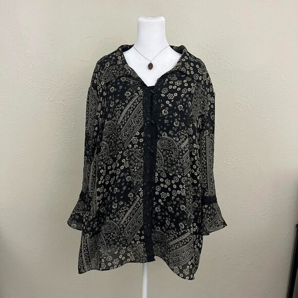 vintage 90s black paisley plus size boho whimsygoth grunge button up over shirt - Picture 2 of 8